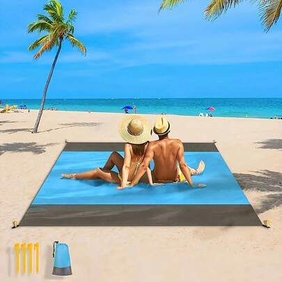 1 Piece Waterproof And Sand-Proof Beach Blanket, Foldable Beach Mat, Picnic Mat With 4 Corner Stakes For Outdoor Camping Travel Vacation Hiking