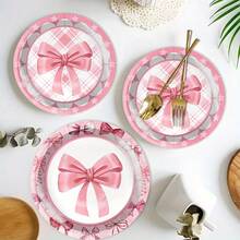 50pcs Pink Bow Birthday Party Themed Disposable Tableware Set, Includes Disposable Plates, Napkins, And Paper Cups , Perfect For Music Festival, New Year's Celebrations,Back-To-School Celebrations - Multicolor - View 7
