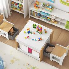 Mesa de Actividades Infantil de 1 Metro en MDF con Tres Compartimentos y Estante Integrado - Estación de Juego y Aprendizaje Duradera y Espaciosa para Niños - Blanco - Ver 3