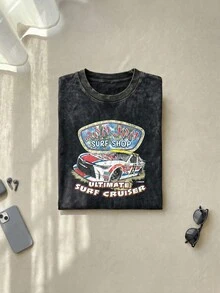 Ron Jons Surf Shop Toyotas NASCARS Racing Graphic Tee Acid Washed Cotton Shirt Unisex Couple Matching Boyfriend Style Ultimate Surf Cruiser Text Stock Car Print Retro 90s Aesthetic Summer Outfits Graphic Tees Men Oversized T Shirt - Black - View 2