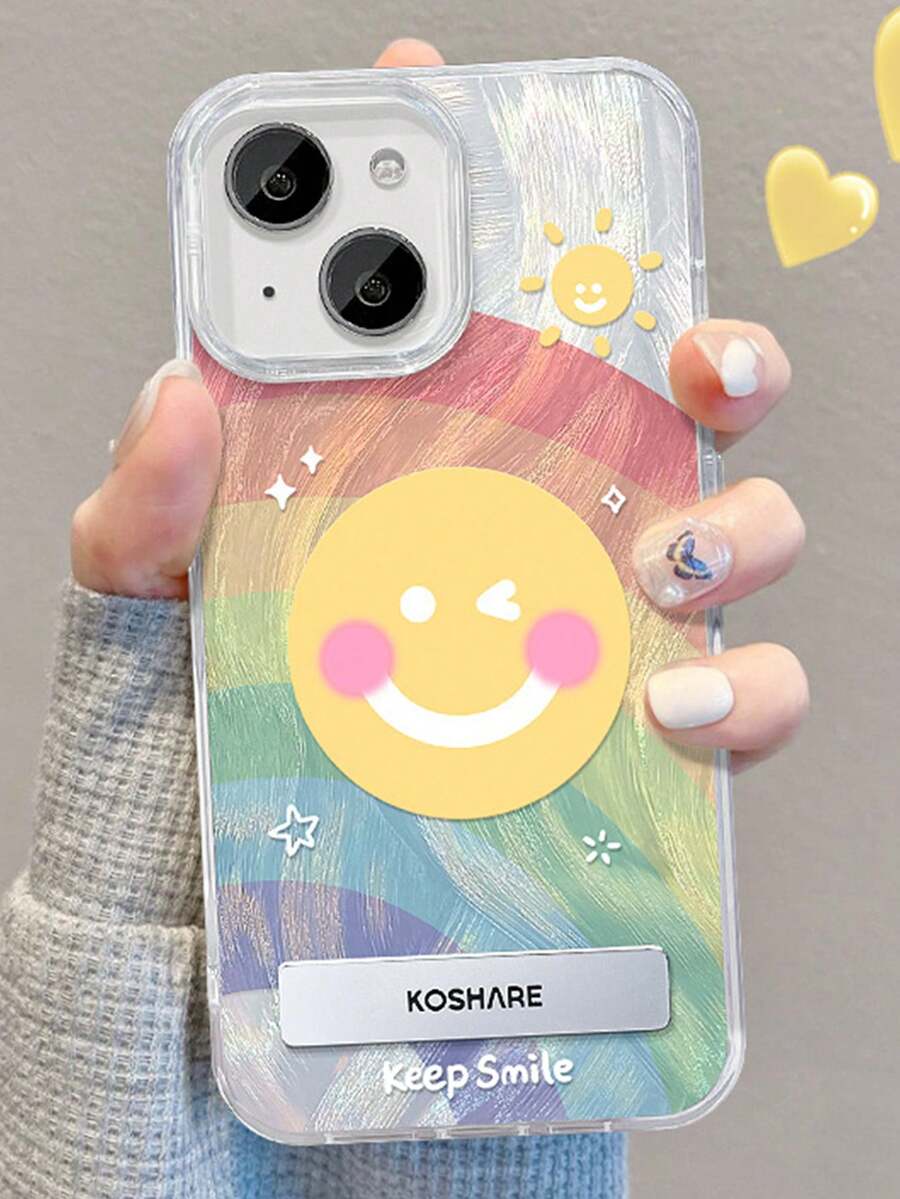 1个羽毛雪纺全包手机壳，笑脸彩虹图案，3D金属支架，兼容 11/12/13/14/15/16/17/Pro Max - 彩色 - 查看 1