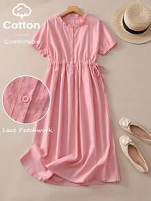 Women's Casual Lace Trim Loose Waist Midi Dress, Short Sleeve, Spring/Summer Pink - Pink - View 4