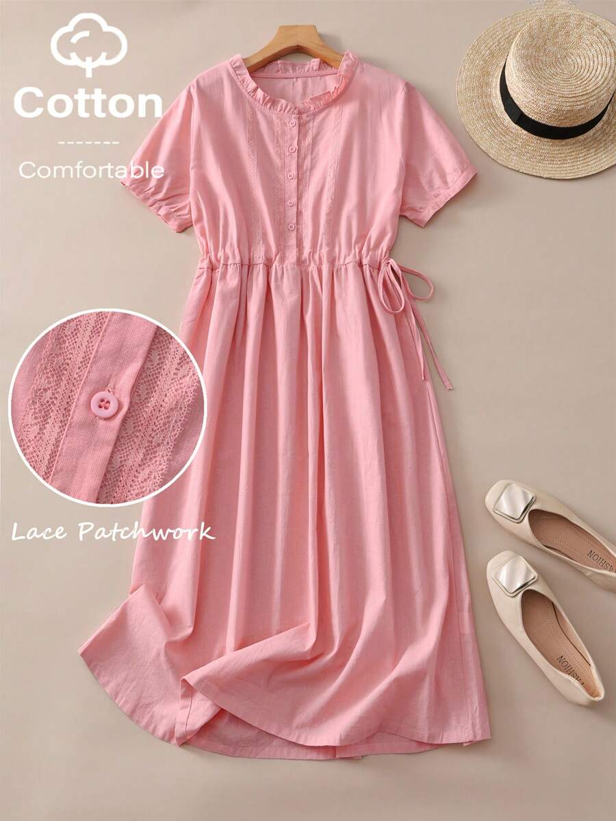 女士休闲蕾丝边宽松腰身中长连衣裙，短袖，春夏粉色 - 粉色 - 查看 1