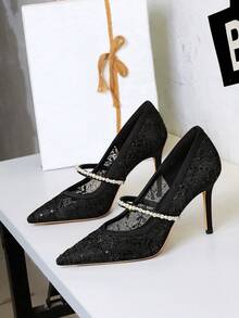 European & American Style Sexy Lace Pointed Toe Mesh Stiletto High Heel Party Shoes For Women - Black - View 3
