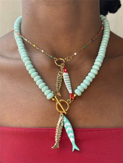 Colorful Fish Pendant Necklace, Design Beaded Necklace For Women