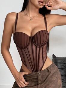 Women's Brown Cropped Camisole, Casual Backless Tank Top With Padded Bra, Mesh Skeleton Bodysuit For Party - Dark Brown - View 3