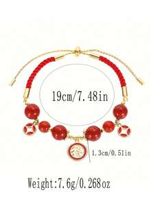 1件优雅红色吉祥结吊坠可调节编织手链，时尚可爱串珠手链，女士款 - 紅色 - 查看 5