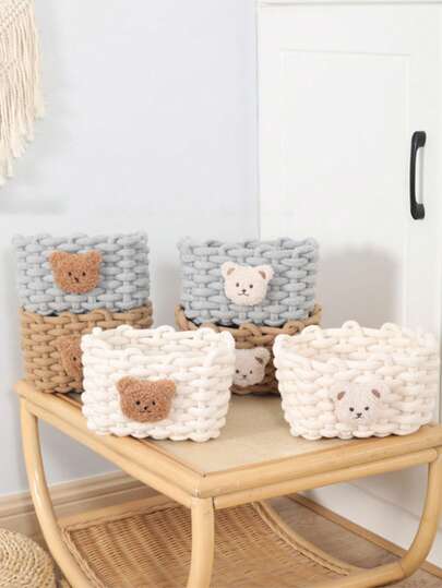 1pc Handmade Woven Bear Basket, Cute Cosmetic Storage Basket, Sundries Organizer Box, Desktop Storage Basket, Fabric Organizer