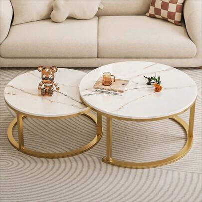 Mesas de centro de 2 piezas, estampado de mármol y estructura de metal dorado, ideal para sala de estar moderna