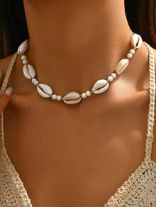 1pc Personalized Beaded Shell Adjustable Beach Style Necklace For Women, Suitable For Vacation, Party And Daily Wear - White - View 5