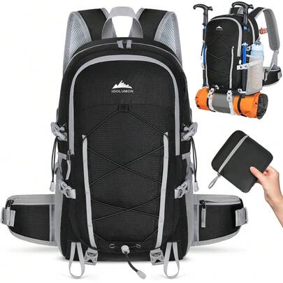 NEWHEY 40L Foldable Waterproof Lightweight Backpack, Suitable For Hiking, Camping, Travel, Black/Blue, Unisex