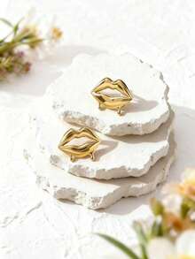 1 Pair Exaggerated Melting Lips Design Earrings, Versatile For Dates, Daily Wear, Parties - Yellow Gold - View 3
