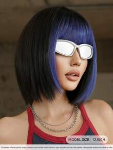 7JHH WIGS 12英寸女士黑色短直发假发，带蓝色刘海，全机织耐热合成纤维，适合日常、派对、音乐节、庆典和角色扮演。 - 藍色 - 查看 5