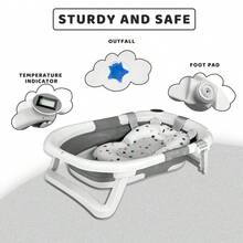 Baby Bathtub For Infants To Toddler, With Soft Cushion & Thermometer, Foldable Baby Bathtub, Portable Travel Baby Tub For Newborn - 灰色 - 查看 4