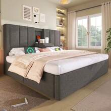 Upholstered Bed 160x200 Cm Double Bed With Hidden Cup Holder & Charging Station, Hydraulic Bed With Storage Space Under The Bed, Incl. Slatted Frame, Linen Grey (Without Mattress) - Grey - View 4