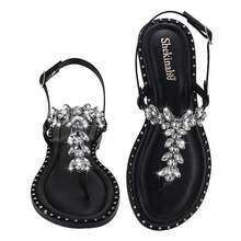 Shekinah Women's Flat Sandal With Rhinestone Embellishment, Studded Sole - Black - View 9