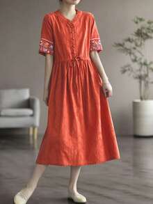 Embroidered Cinched Waist Linen Blend Midi Dress, Washed Jacquard, Slimming, Summer - Burnt Orange - View 4