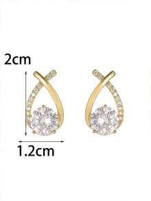 1pair Luxury & Elegant Twist Waterdrop Cubic Zirconia Stud Earrings For Decoration - Gold - View 4