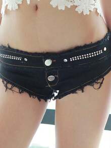 Womens Casual Summer Short Jeans, Triangle Crotch Low Waist With Buttons For Summer Party Beach - màu đen - Xem 1
