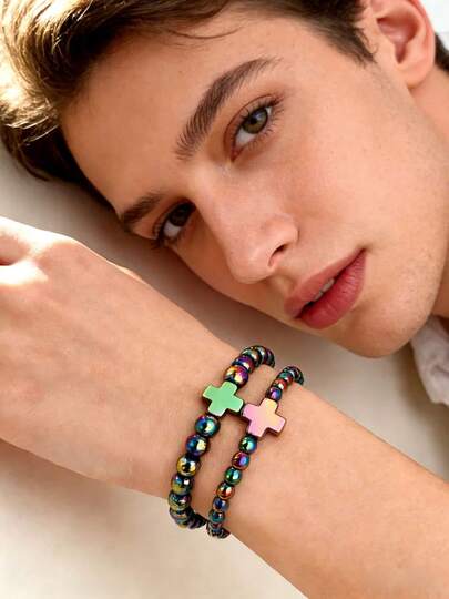 2件套十字架串珠弹力手链，手工缟玛瑙石饰品，男女皆宜，热门跨境畅销款