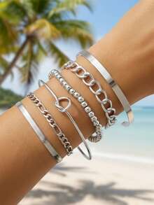 imoli 5pcs Minimalist Alloy Geometric Exaggerated Open Bangle, Round Linked Knotted Chain Bracelets Set For Women, Adjustable Size - Multicolor - View 6