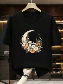 Casual T-Shirt With Moon And Flowers Print, Women's Cotton Graphic Tees, Unisex Black T-Shirt, Graphic Tees, Couple Sets, Streetwear T-Shirt For Him/Her - 黑色 - 查看 8