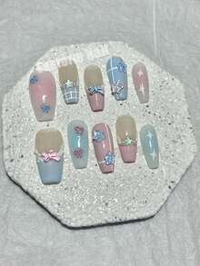 10pcs Blue Star Nail Stickers, Handmade Wearable Nail Art Decals, Suitable For Summer, Macaron French Manicure, Cute Butterfly Blush, Press-On Nail, Medium Nail Supplies (1pc Jelly Sticker + 1pc Nail File) - Baby Blue - View 11