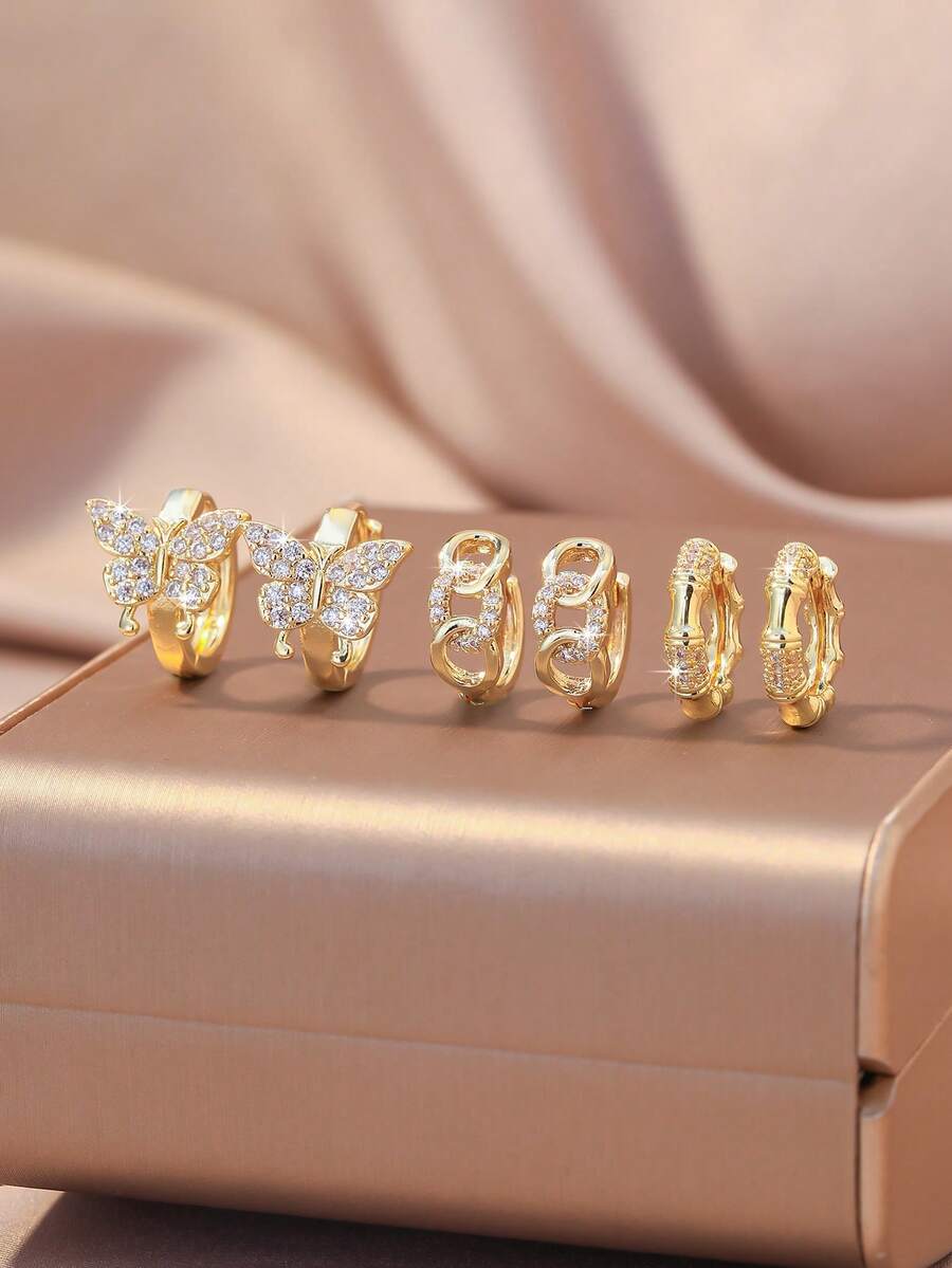 6件套女士奢华水钻耳环套装，蝴蝶、双C、扭纹、菱形设计，高光泽镀金锆石耳环，通勤、约会、日常佩戴皆宜 - 金色 - 查看 1