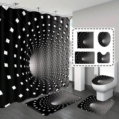 1件/4件套浴室浴帘套装，几何图案浴帘，浴室装饰，浴垫，浴室配件，简约风格，赠送12个挂钩