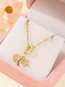 1pc Fashionable Minimalist Women's Necklace With Beads, Random Pendant Design Of Sun, Star, Moon, Stainless Steel Chain, Suitable For Daily Wear, Gift For Friends, Valentine's Day, And Other Holidays - Multicolor - View 1