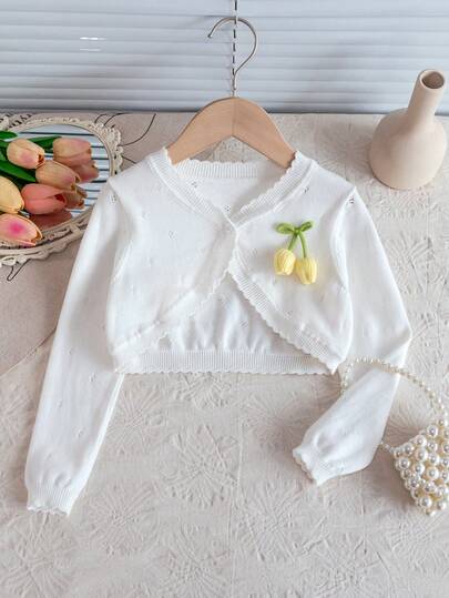 Girls' Cute Solid Color Cherry Short Knit Cardigan, Single-Breasted, Lightweight, Hollow Out Shawl