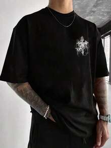HAFIME Men's T-Shirt With "Gothic Cross" Print, Unisex Men's Shirt, 100% Cotton, Top Premium Streetwear, New Release, Gothic Style - 黑色 - 查看 3