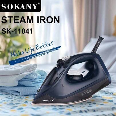 SOKANY مكواة كهربائية متعددة الوظائف من سوكاني 11041، مكواة بخار، إزالة التجاعيد، قوة 1600 واط عالية، سخان سريع، سعة 210 مل كبيرة، تحكم في درجات الحرارة المتعددة، مؤشر LED، لوح قاعدة سيراميكي، مناسبة للياقات والأزرار. مناسبة للاستخدام المنزلي، مصممة كمساعد منزلي للمحترفين في الأعمال