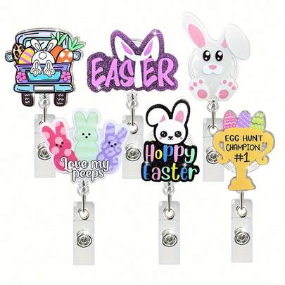 1 pieza Conejo de Pascua extensible Insignia de huevo agrietado con clip de caimán, soporte de insignia adecuado para tarjetas de identificación, etiquetas de nombre, insignias de maestros, insignias de médicos, gran regalo para fiestas y útiles escolares
