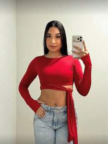 Women's Cropped Blouse In Spandex With Long Sleeves And Waist Tie, Tummy Controls, Comfortable, Autumn/Winter Fashion (Foreign Style) - 紅色 - 查看 4