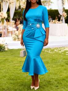 Women's Elegant Blue Mermaid Bodycon Dress, Ruched Design, Waist Decorated With Rhinestones, Ruffle Trim, Suitable For Cocktail Parties And Formal Occasions - 藍色 - 查看 11