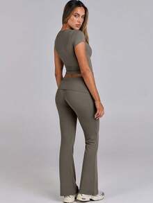 Lounge Sets For Women 2 Piece Foldover Yoga Flare Leggings Pants Crop Tops Casual Y2K Outfits Matching Tracksuit Set - Gray - 查看 2