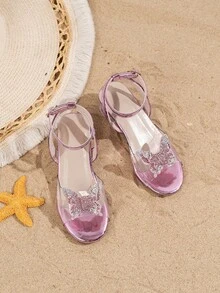 1双女童夏季高跟凉鞋，粉色公主风，双层水钻蝴蝶结，透明鞋面，搭扣粗跟，圆头，适合海滩派对和聚会。 - 粉色 - 查看 6