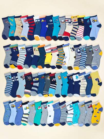 10/15/20 Pairs Random Cartoon Car, Dinosaur, Animal, Striped Pattern Children Socks, Baby Mid-Calf Socks, Breathable Boys Socks, Suitable For Spring, Summer, Autumn Casual & Sports