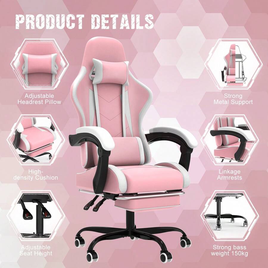 DEVOKO Gaming Chair Computer Chair Ergonomic Gaming Chair With Footrest Office Chair Ergonomic Computer Chair With Lumbar Support - Pink - View 1