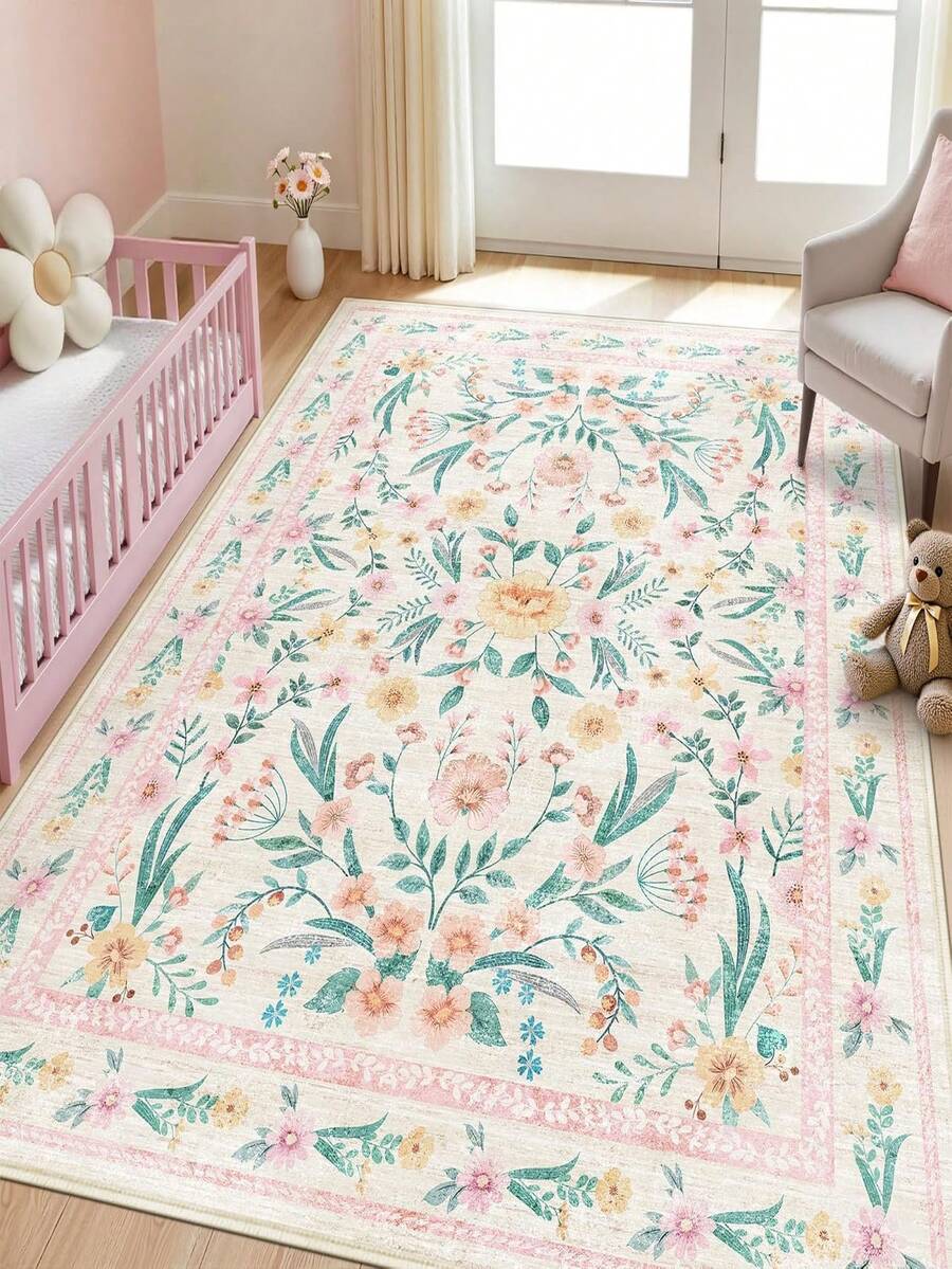 Thảm trải sàn màu hồng cổ điển phong cách Boho sang trọng, mềm mại và bông xốp, chống trơn trượt và có thể giặt máy, bề mặt nhung + lớp lót TPR, phù hợp cho phòng khách, phòng ngủ, hành lang, thiết kế cung điện Ba Tư thanh lịch với các yếu tố Baroque, thảm trong nhà | Đế chống trơn trượt - Màu Hồng baby - Xem 1