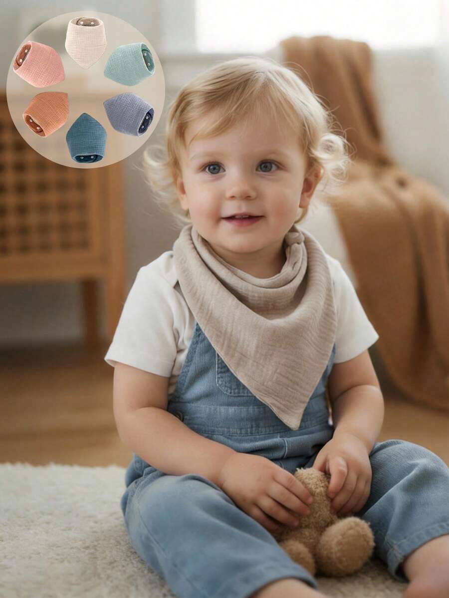 6pcs Solid Color Muslin Baby Bibs, Soft & Absorbent Infant Drool Bandana Bibs, Reusable & Washable, Anti-Spit Up, All Season Essential, Perfect New Year Gift For Babies! - Plain Color Gauze Triangular Scarf - View 1