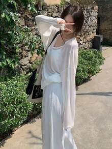 宽松白色薄纱针织罩衫，休闲开领长袖轻薄防晒上衣，女士春季款 - 白色 - 查看 4