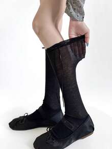 1 Pair Women's Sheer Knit White Slouchy Socks - Lace Trim Tie-Up Loose Leg Warmers, Y2K Aesthetic Knee-High Socks, Suitable For Daily Dates And Street Outfits, Pair Perfectly With Mary Jane Shoes - Multicolor - View 9