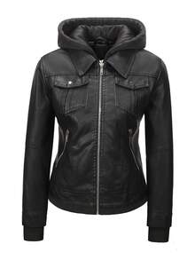 Women's Faux Leather Jacket Detachable Hoodie Long Sleeve Zip-Up Coat Four-Season Versatile Casual Streetwear Pocketed Outerwear Daily Wear Top - Black - View 3