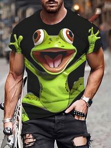 男式 3D 青蛙印花图案卡通设计短袖 T 恤，休闲舒适度假 T 恤，由涤纶制成 - 綠色 - 查看 5