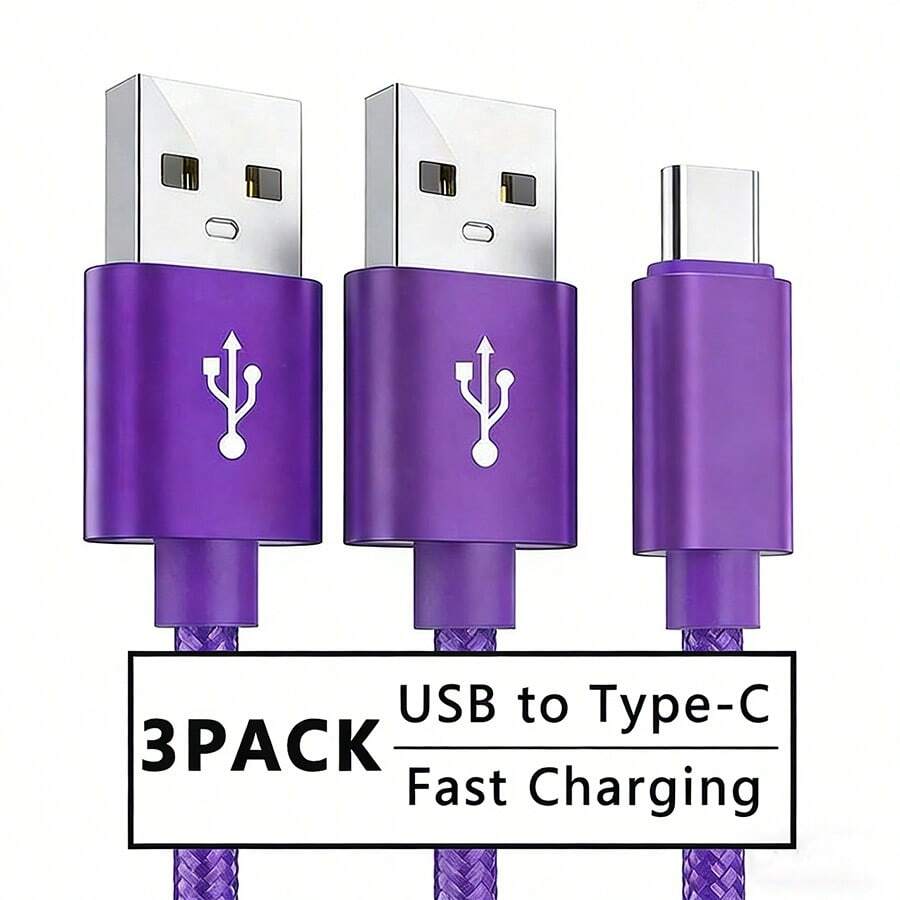3pcs USB-A To USB-C Fast Charging Cables, 3.3ft/6.6ft/10ft Long Nylon Braided USB Type-C Charging Cords, Compatible With Samsung Galaxy S25, S24, S23, S22, S21, Vivo, Oppo, Redmi Phones, 16, 16 Pro Max, 15, 15 Plus, 15 Pro, 15 Pro Max, Redmi, OnePlus - 3 Purple Items - View 1