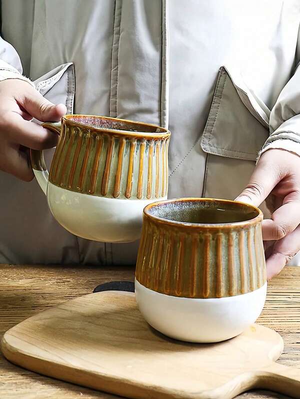 1pc Vintage Embossed Striped Ceramic Handle Cup, 520ml, High-Quality Mug, Coffee Cup, Water Cup, Tea Cup, Household Cup, Suitable For Milk Cup In Gatherings, Reusable Cup, Microwave