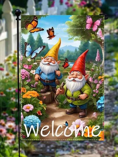 Ein Zwerg Alter Mann Gartenflagge, Maße 36 x 47 cm, mit Frühlingsblütenmuster, aus strapazierfähigem doppelseitigem Leinen, geeignet für Outdoor-Dekoration, ohne Strom, perfekt für Terrasse und Gartendekoration (Flagge inklusive).