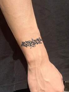 1张持久7-14天的草本临时纹身贴纸，哥特风格抽象英文文字手部纹身贴纸，防水个性化酷炫男士纹身贴纸 - 黑色 - 查看 2